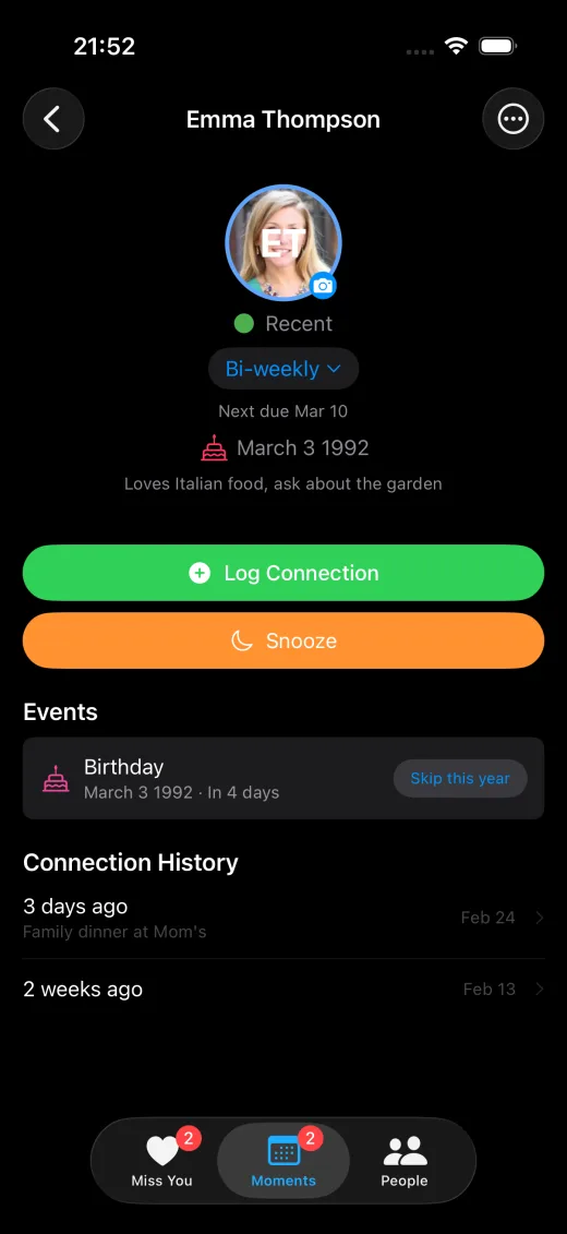 Contact detail — dark mode